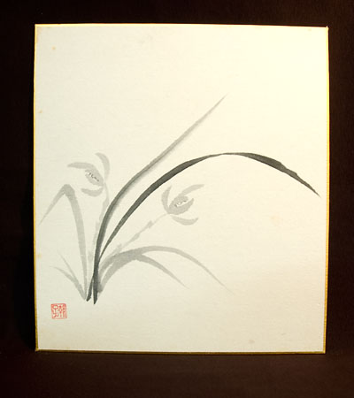 Vintage Japanese ink and wash art on hardbacked rectangular shikishi paper